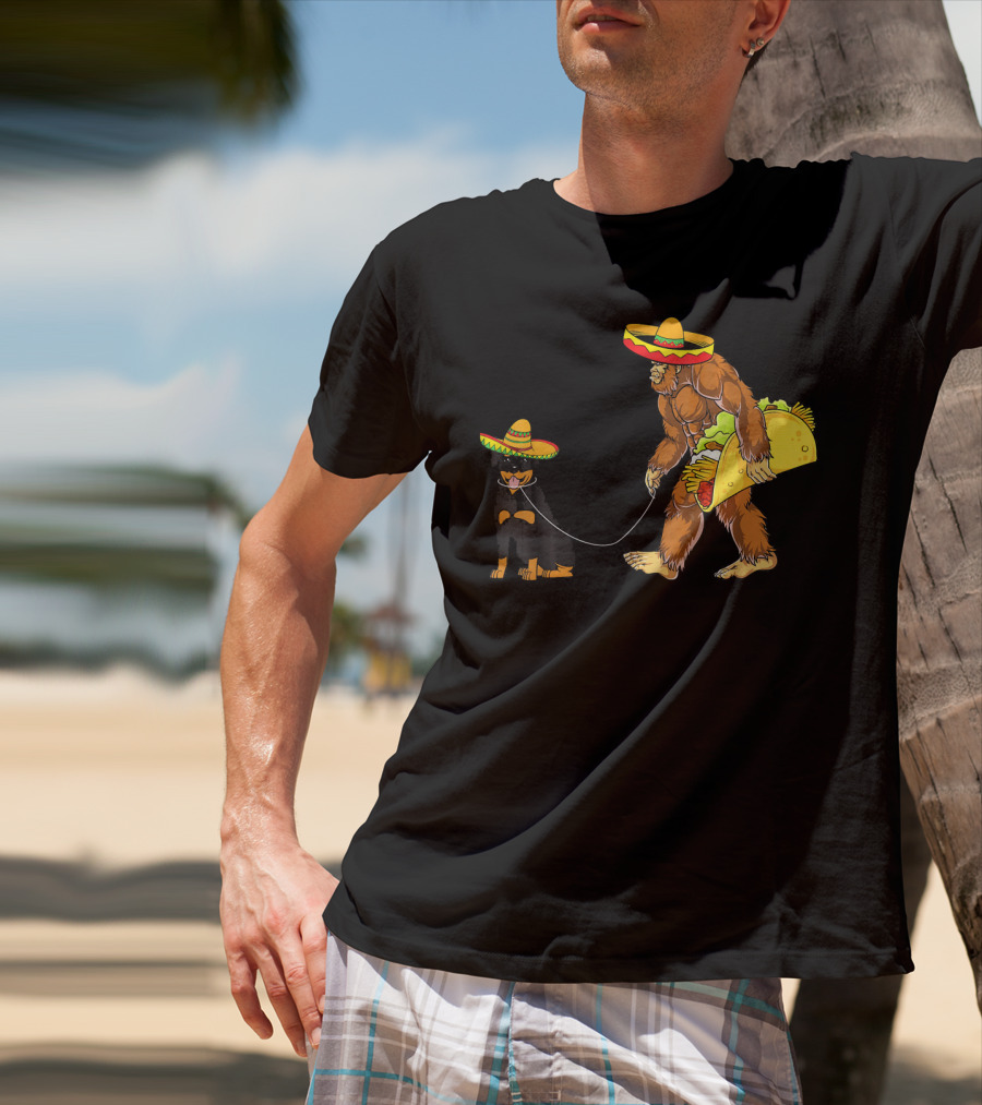 Cinco De Mayo Bigfoot Walking Rottweiler Taco Sombrero T-Shirt