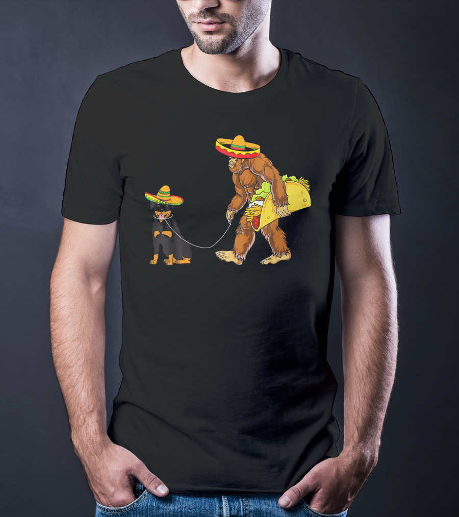 Cinco De Mayo Bigfoot Walking Rottweiler Taco Sombrero T-Shirt