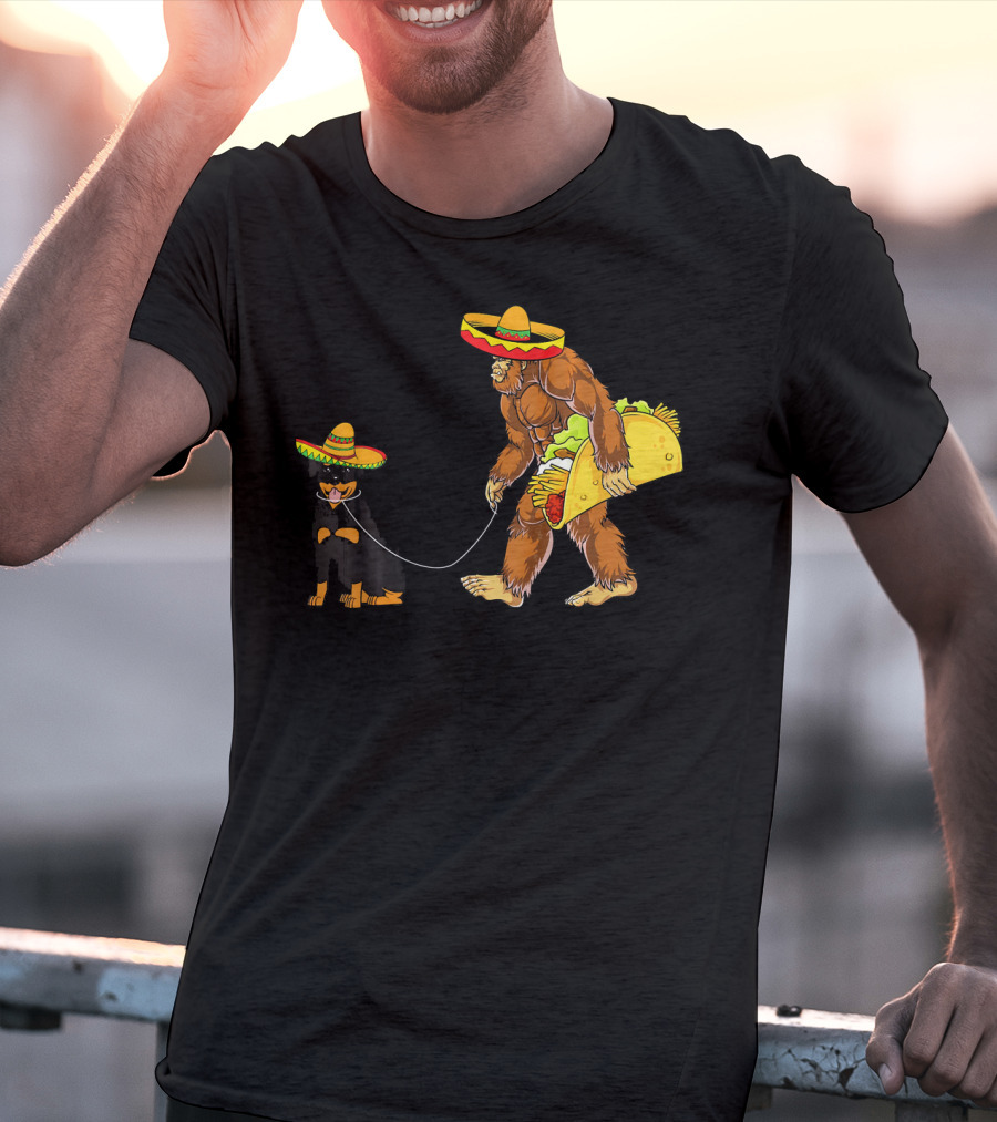 Cinco De Mayo Bigfoot Walking Rottweiler Taco Sombrero T-Shirt