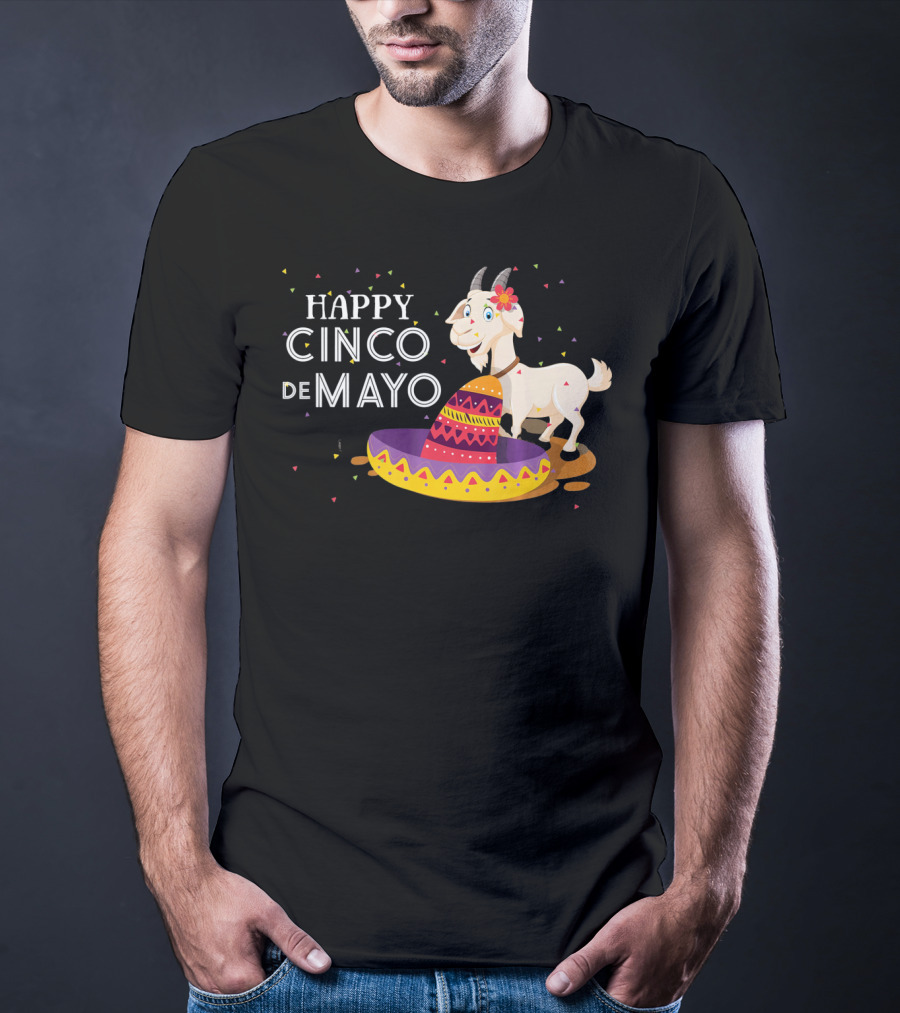 Happy Cinco De Mayo Funny Goat With Sombrero And Colorful Confetti T-Shirt