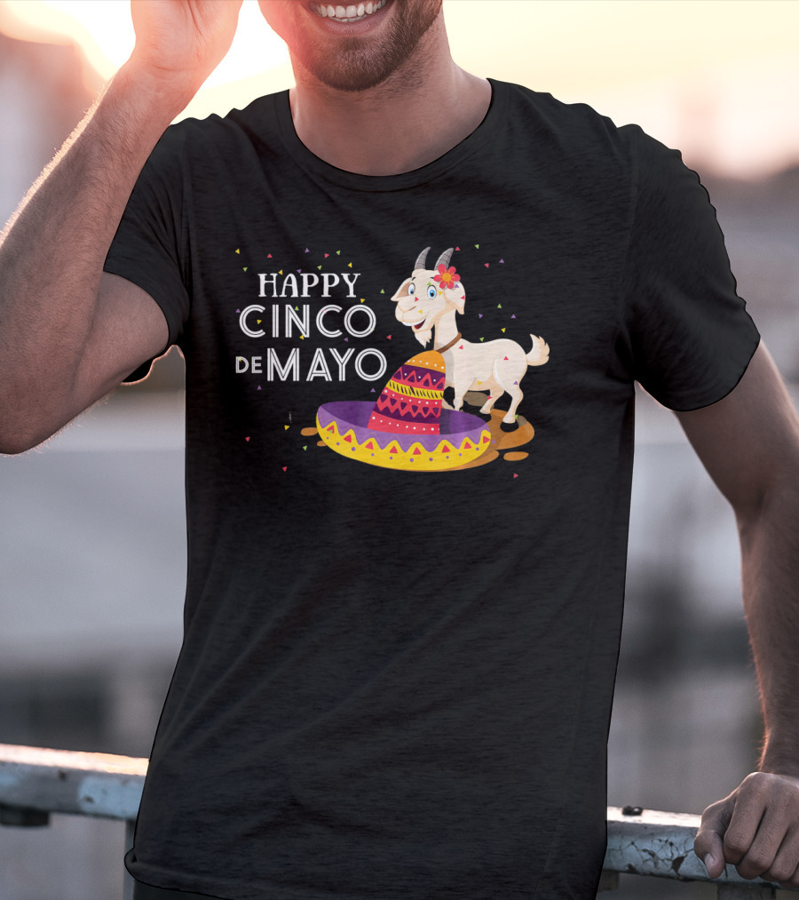 Happy Cinco De Mayo Funny Goat With Sombrero And Colorful Confetti T-Shirt