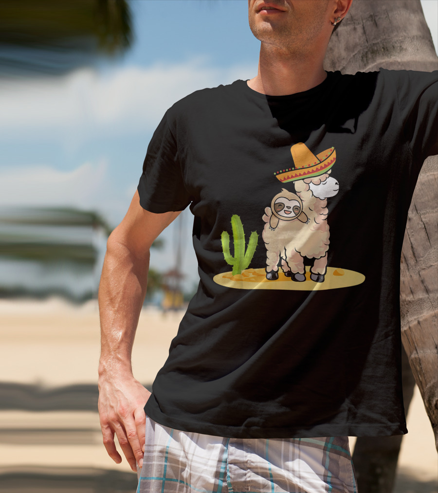 Cinco De Mayo Mexican Llama Sloth Riding Sombrero Cactus Desert Scene T-Shirt