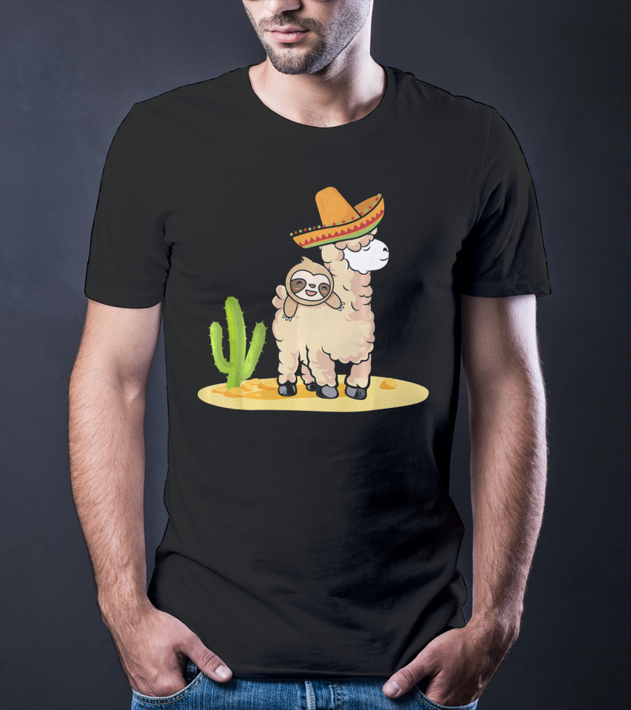 Cinco De Mayo Mexican Llama Sloth Riding Sombrero Cactus Desert Scene T-Shirt