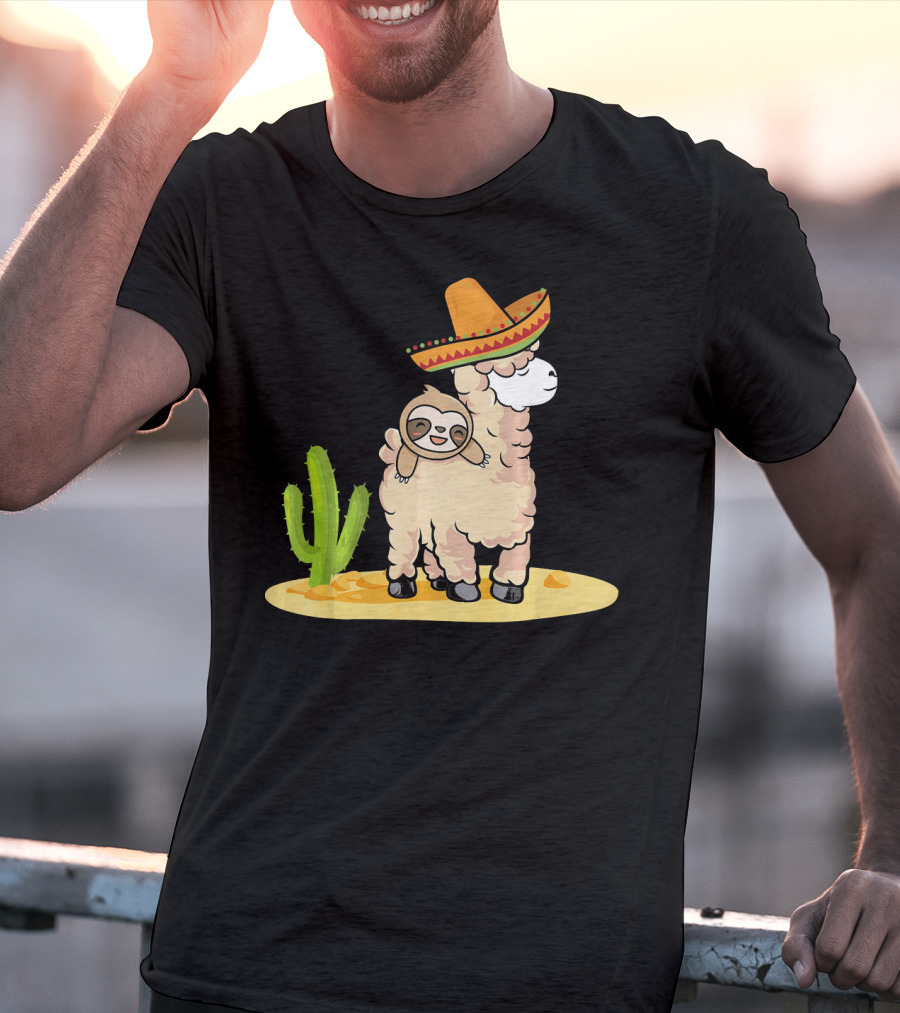 Cinco De Mayo Mexican Llama Sloth Riding Sombrero Cactus Desert Scene T-Shirt