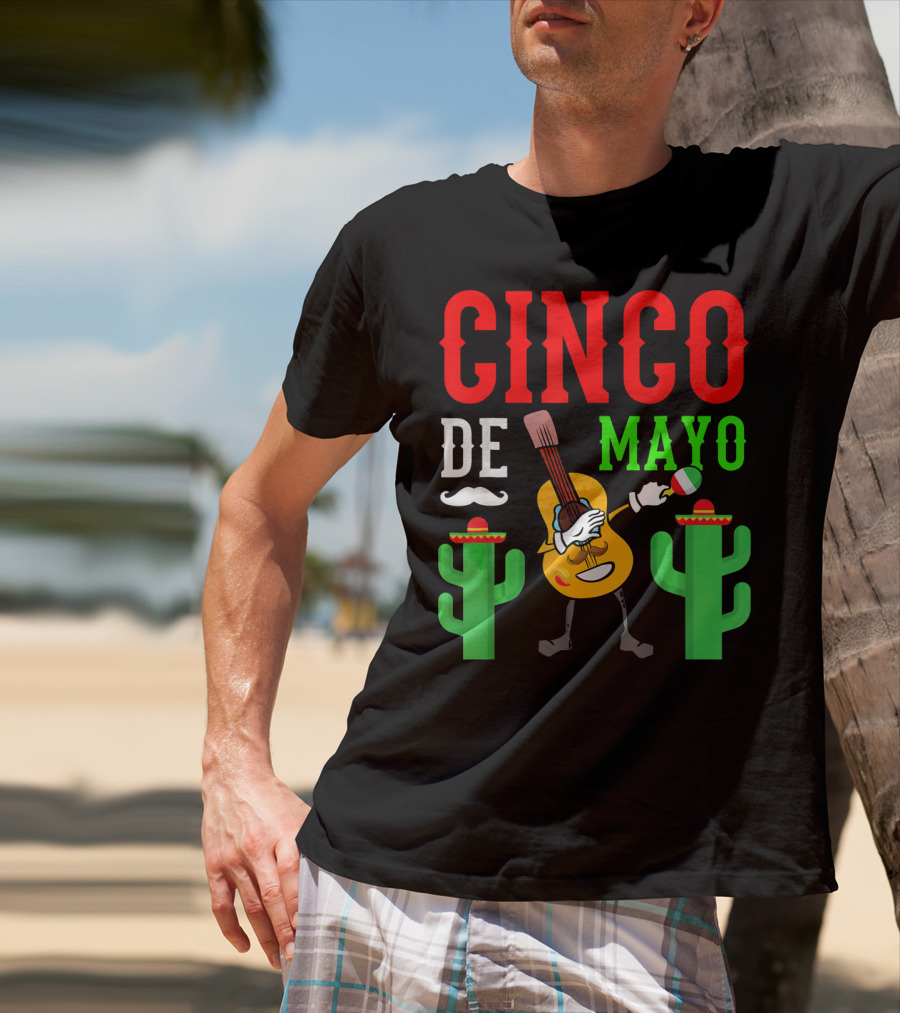 Cinco De Mayo Dabbing Guitar With Cactus And Mustache T-Shirt