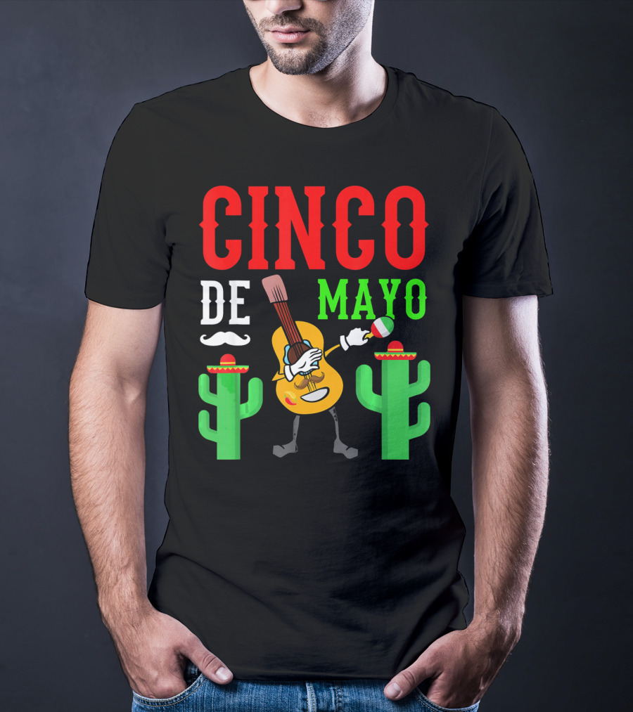 Cinco De Mayo Dabbing Guitar With Cactus And Mustache T-Shirt