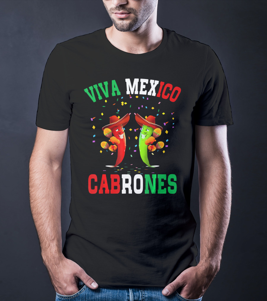 Viva Mexico Cabrones Red Green Chili Peppers Sombreros Confetti T-Shirt