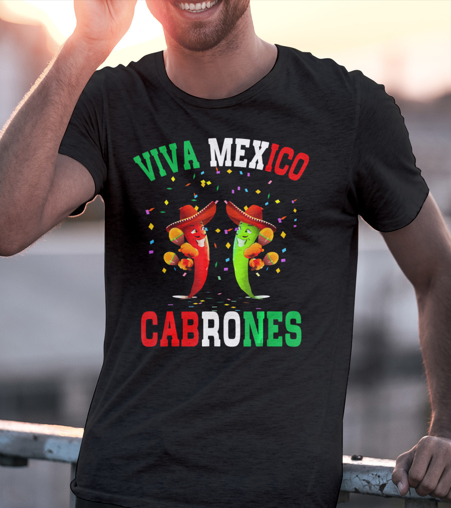 Viva Mexico Cabrones Red Green Chili Peppers Sombreros Confetti T-Shirt