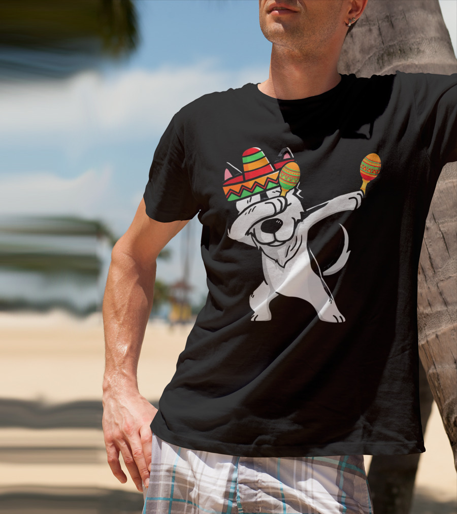 Dabbing Husky With Sombrero And Maracas Funny Cinco De Mayo T-Shirt