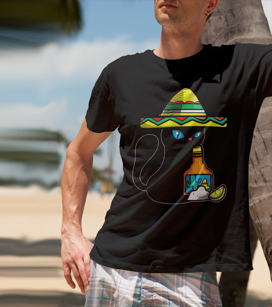 Cinco De Mayo Women With Cat In Sombrero Holding Tequila And Lime T-Shirt
