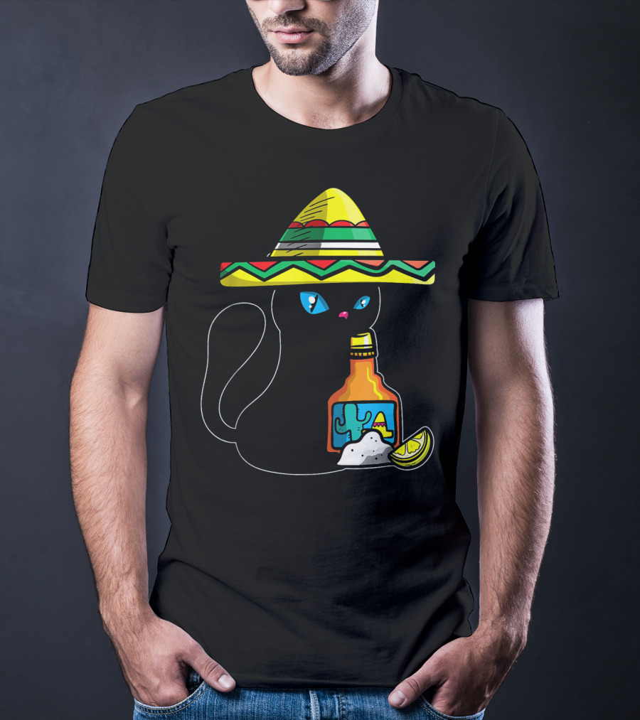 Cinco De Mayo Women With Cat In Sombrero Holding Tequila And Lime T-Shirt