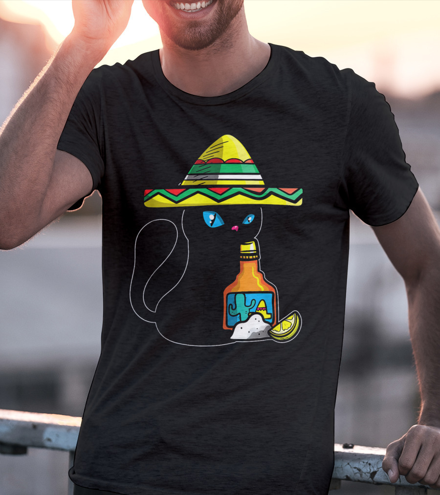 Cinco De Mayo Women With Cat In Sombrero Holding Tequila And Lime T-Shirt