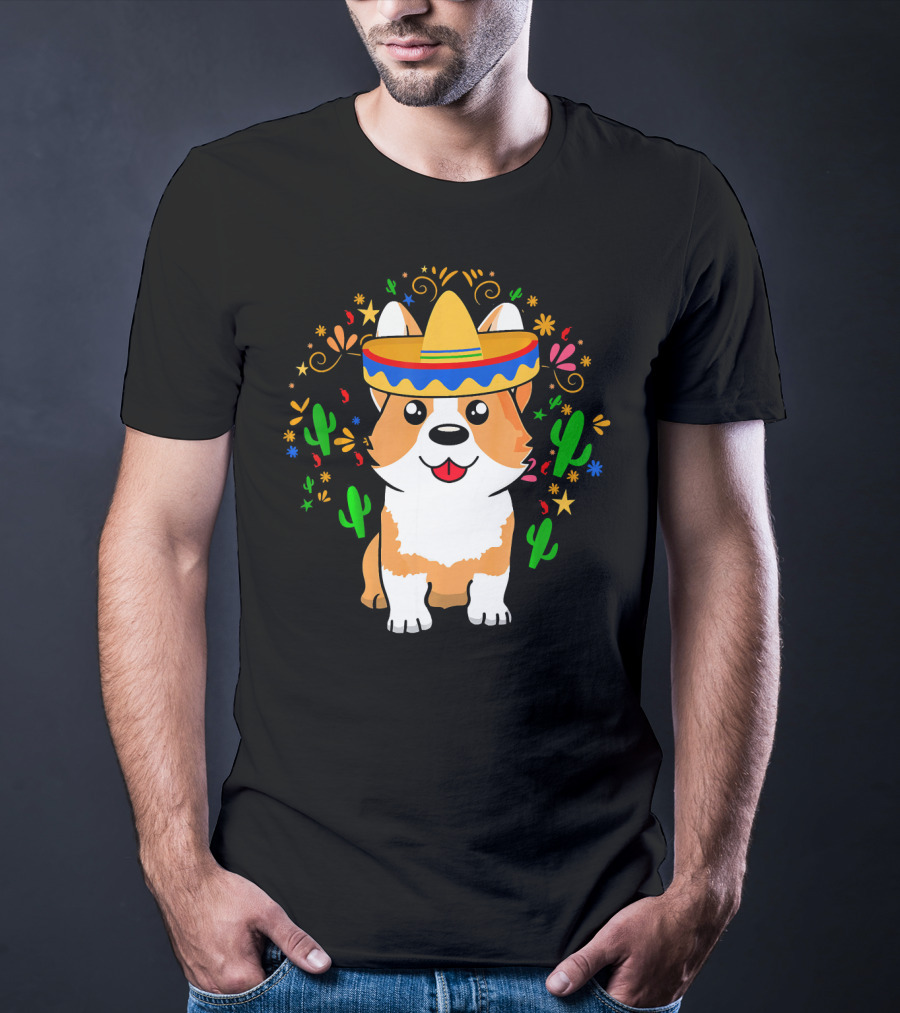 Cinco De Mayo Corgi Dog With Sombrero And Cacti T-Shirt
