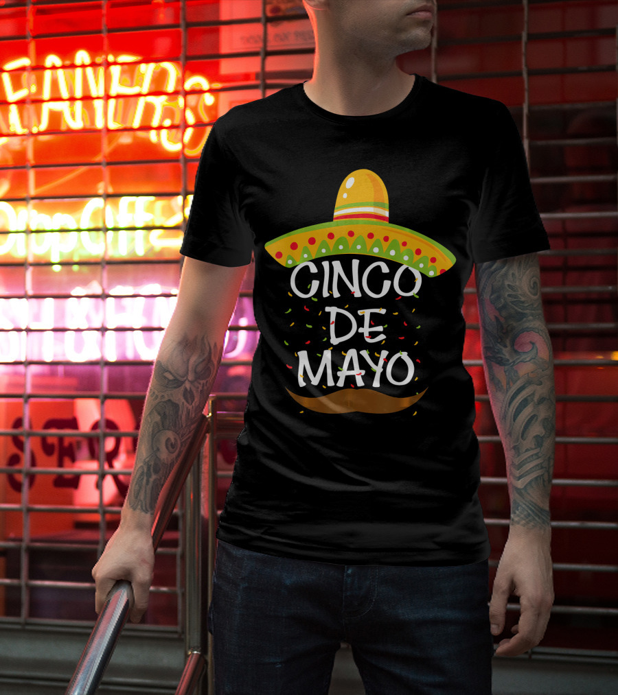 Cinco De Mayo Sombrero Celebration With Mustache And Confetti T-Shirt
