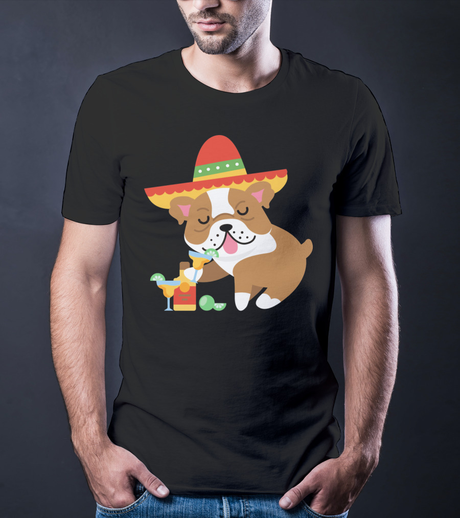 Bulldog Margarita Funny Mexican Sombrero Dog Cinc Party T-Shirt