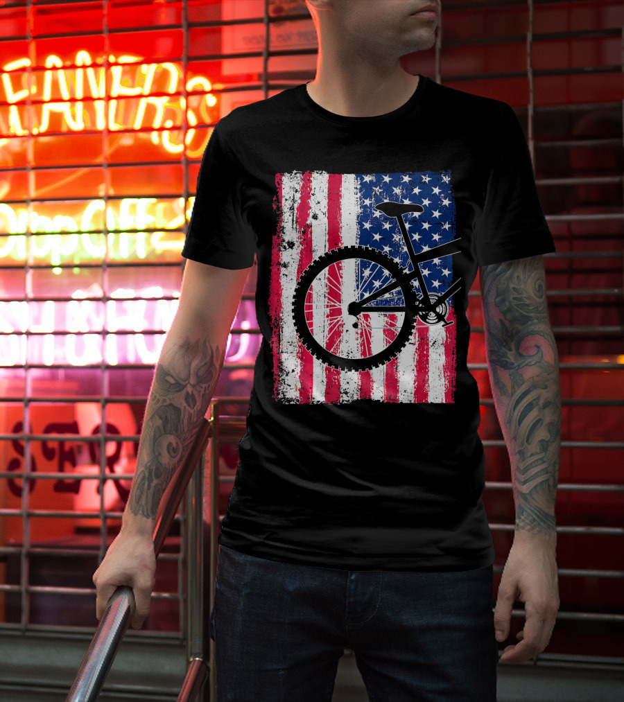Mountain Bike Cycling American Flag Bicycle USA T-Shirt