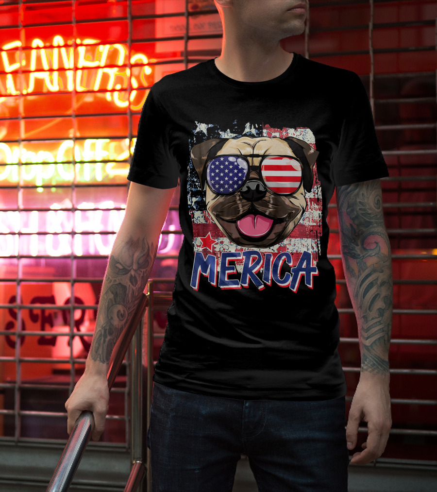 American Flag Pug Dog Merica Sunglasses USA T-Shirt