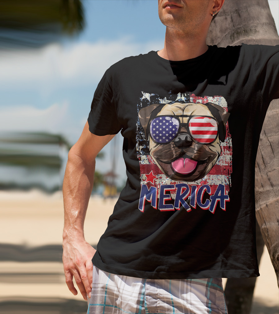 American Flag Pug Dog Merica Sunglasses USA T-Shirt