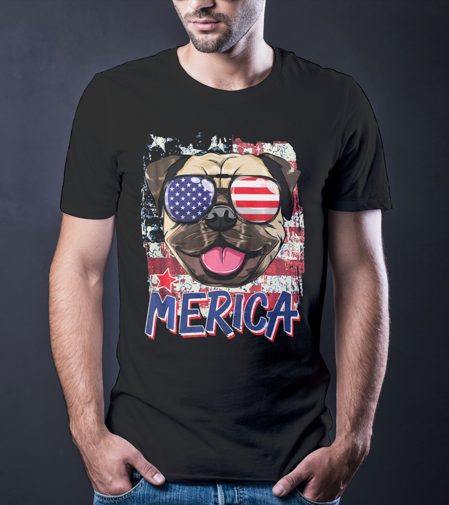 American Flag Pug Dog Merica Sunglasses USA T-Shirt