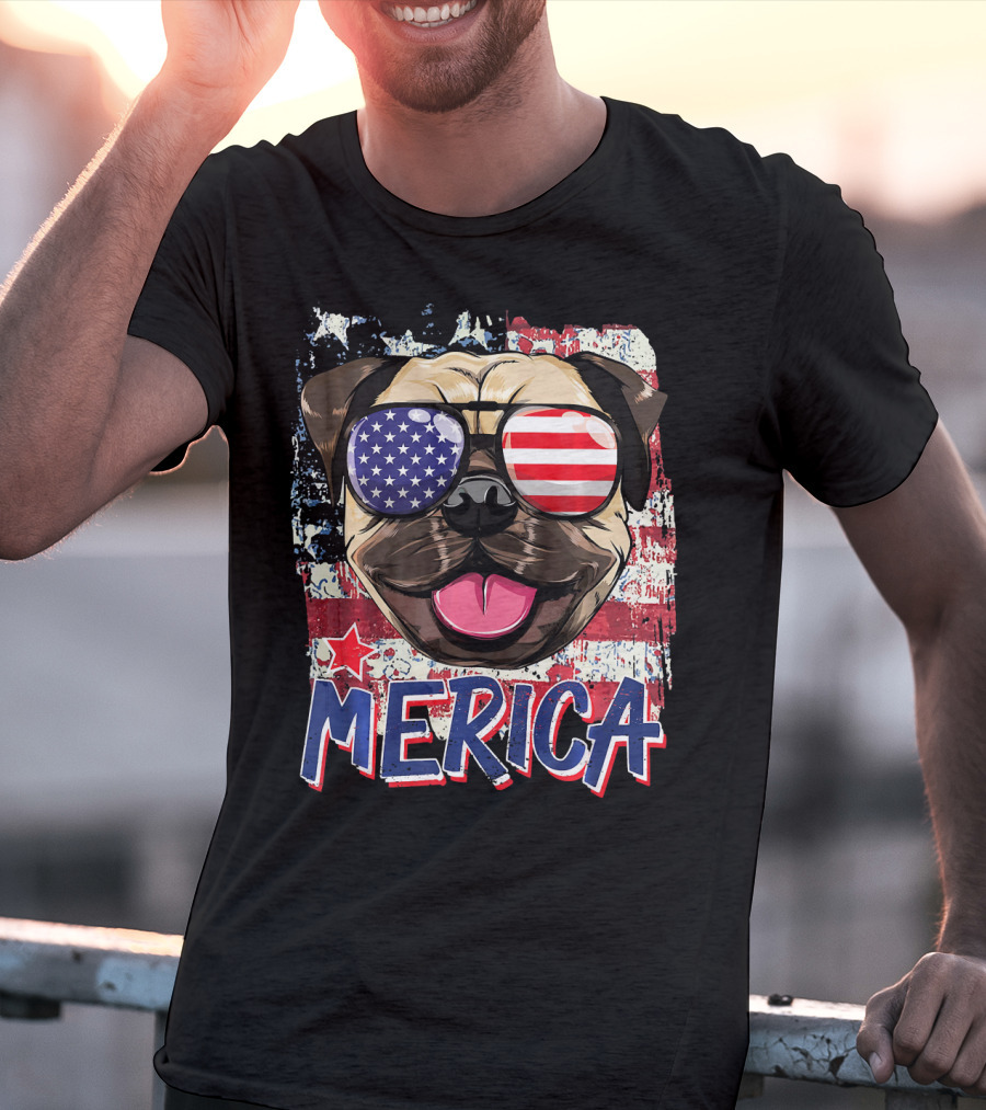 American Flag Pug Dog Merica Sunglasses USA T-Shirt