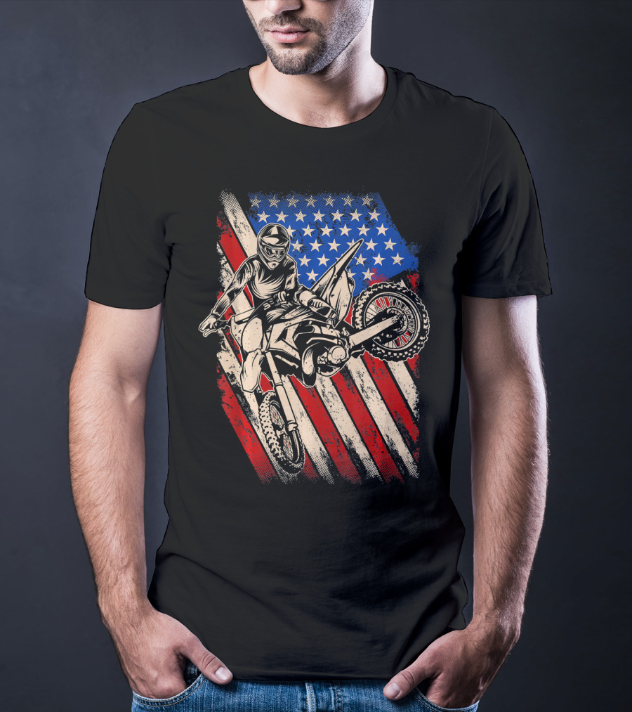 Vintage Dirt Bike Motocross With American Flag Background T-Shirt