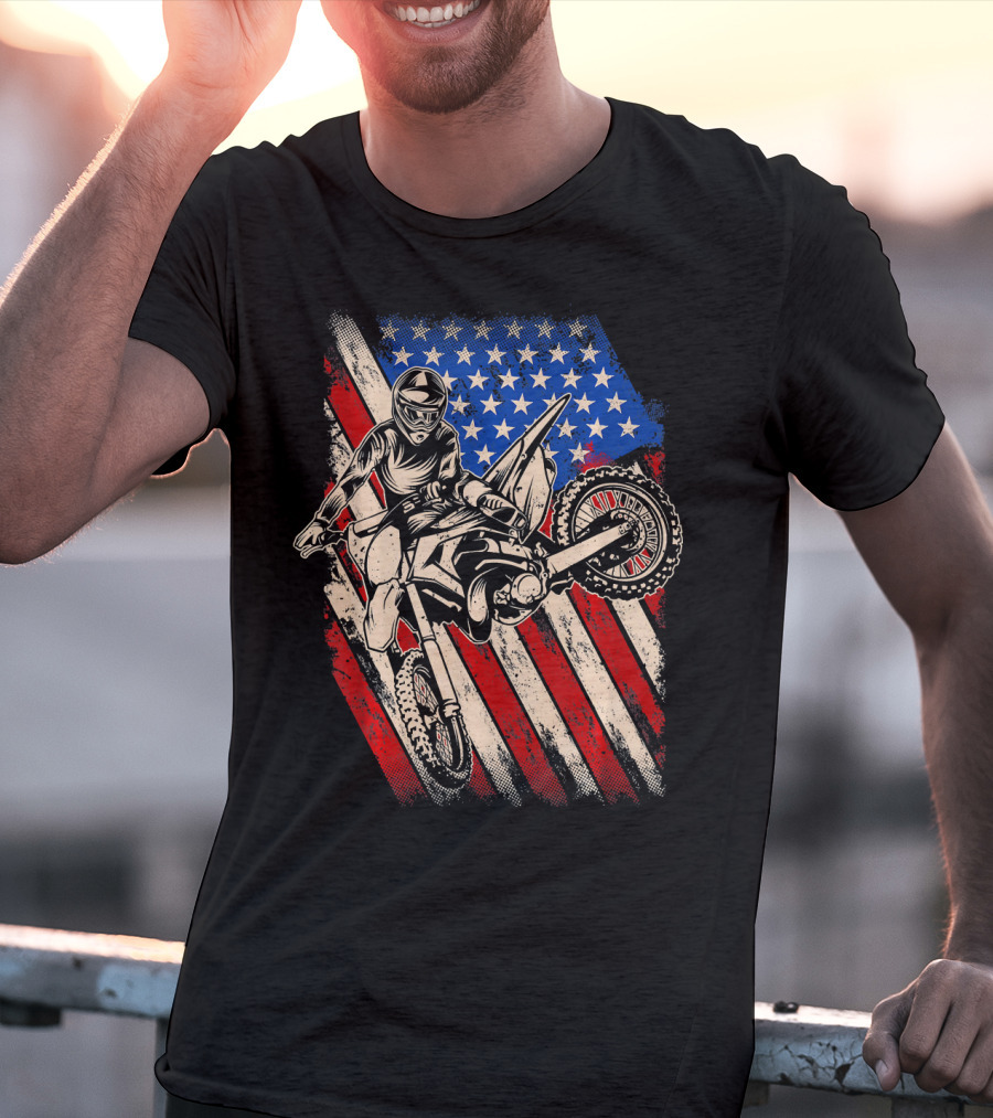 Vintage Dirt Bike Motocross With American Flag Background T-Shirt
