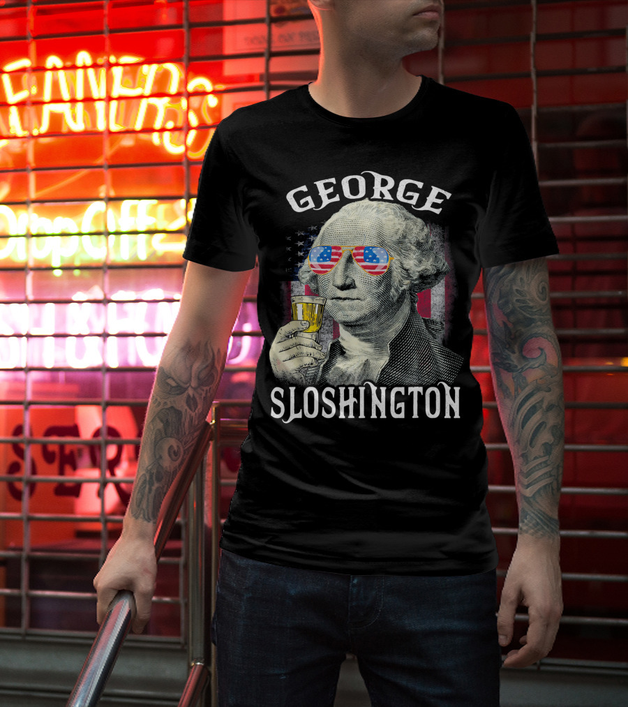 George Sloshington American Flag Sunglasses Beer T-Shirt