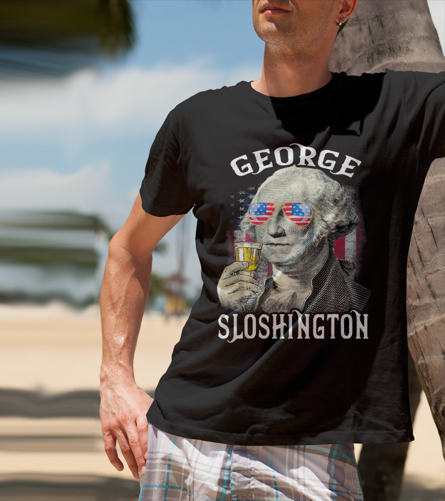 George Sloshington American Flag Sunglasses Beer T-Shirt