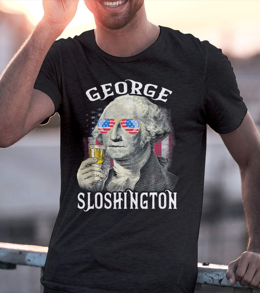 George Sloshington American Flag Sunglasses Beer T-Shirt