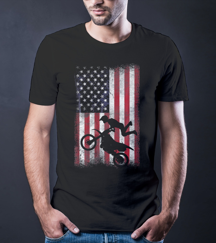 American Flag Motocross Rider Silhouette Patriotic USA T-Shirt