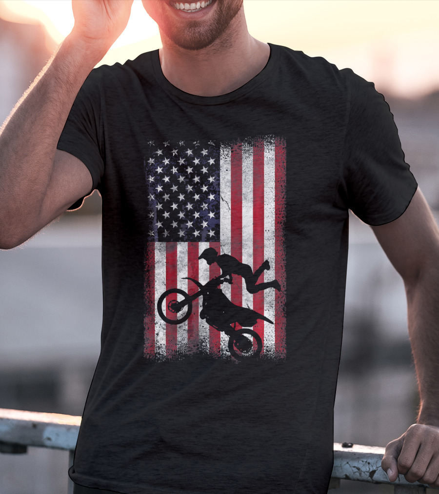 American Flag Motocross Rider Silhouette Patriotic USA T-Shirt