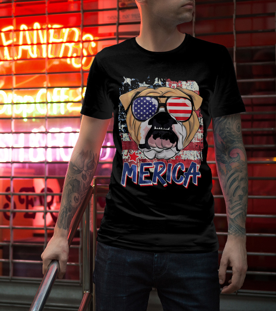 Merica Bulldog With American Flag Sunglasses T-Shirt