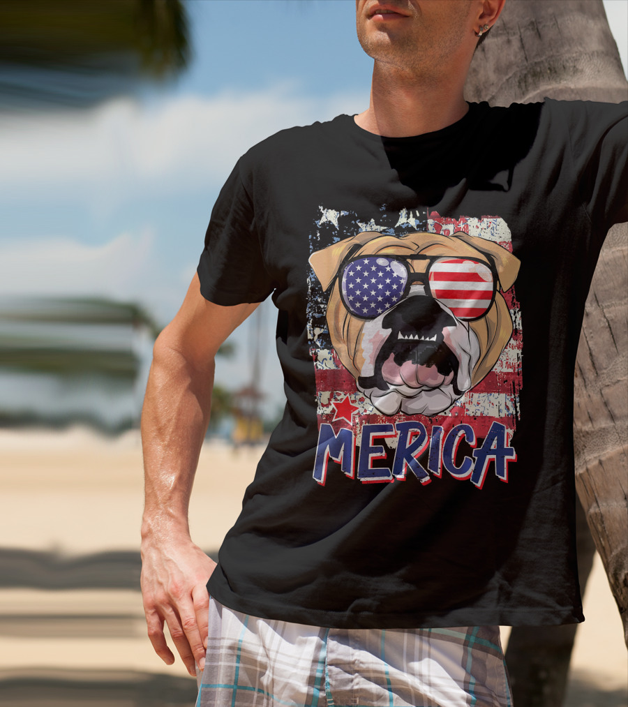 Merica Bulldog With American Flag Sunglasses T-Shirt