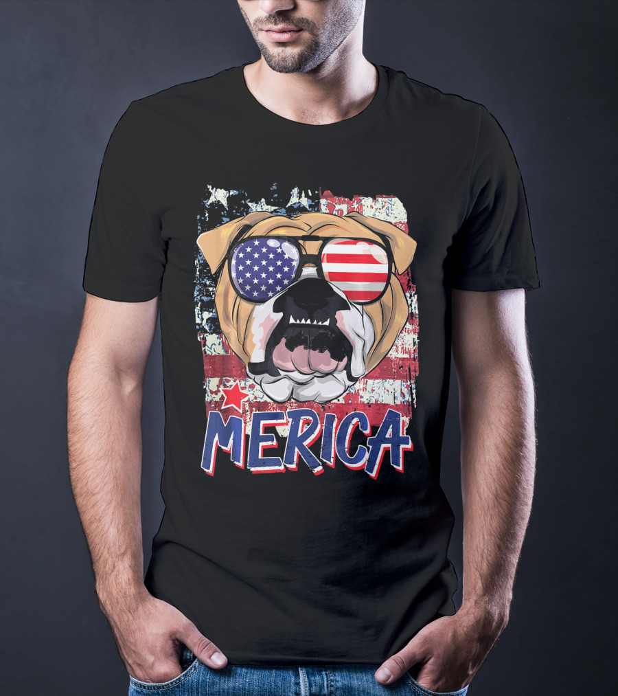 Merica Bulldog With American Flag Sunglasses T-Shirt