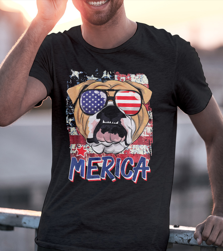 Merica Bulldog With American Flag Sunglasses T-Shirt