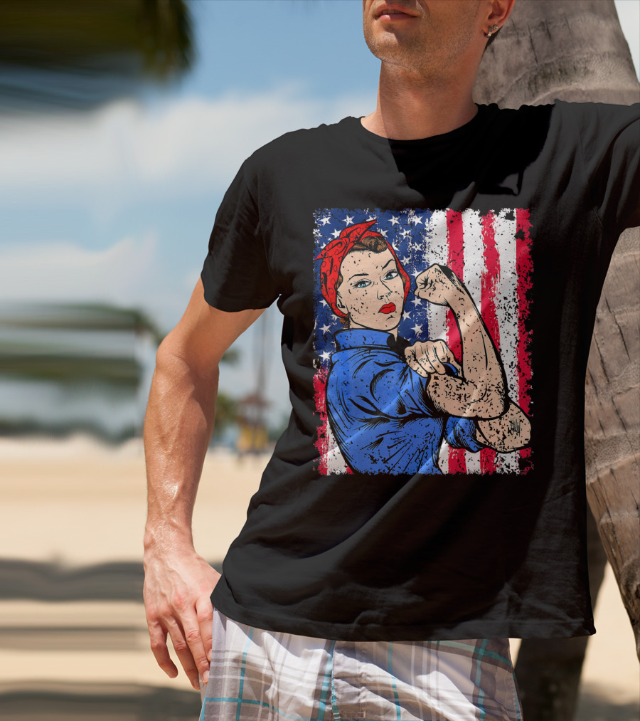 Rosie The Riveter Feminist Patriotic USA American Flag Iconic Empowerment T-Shirt
