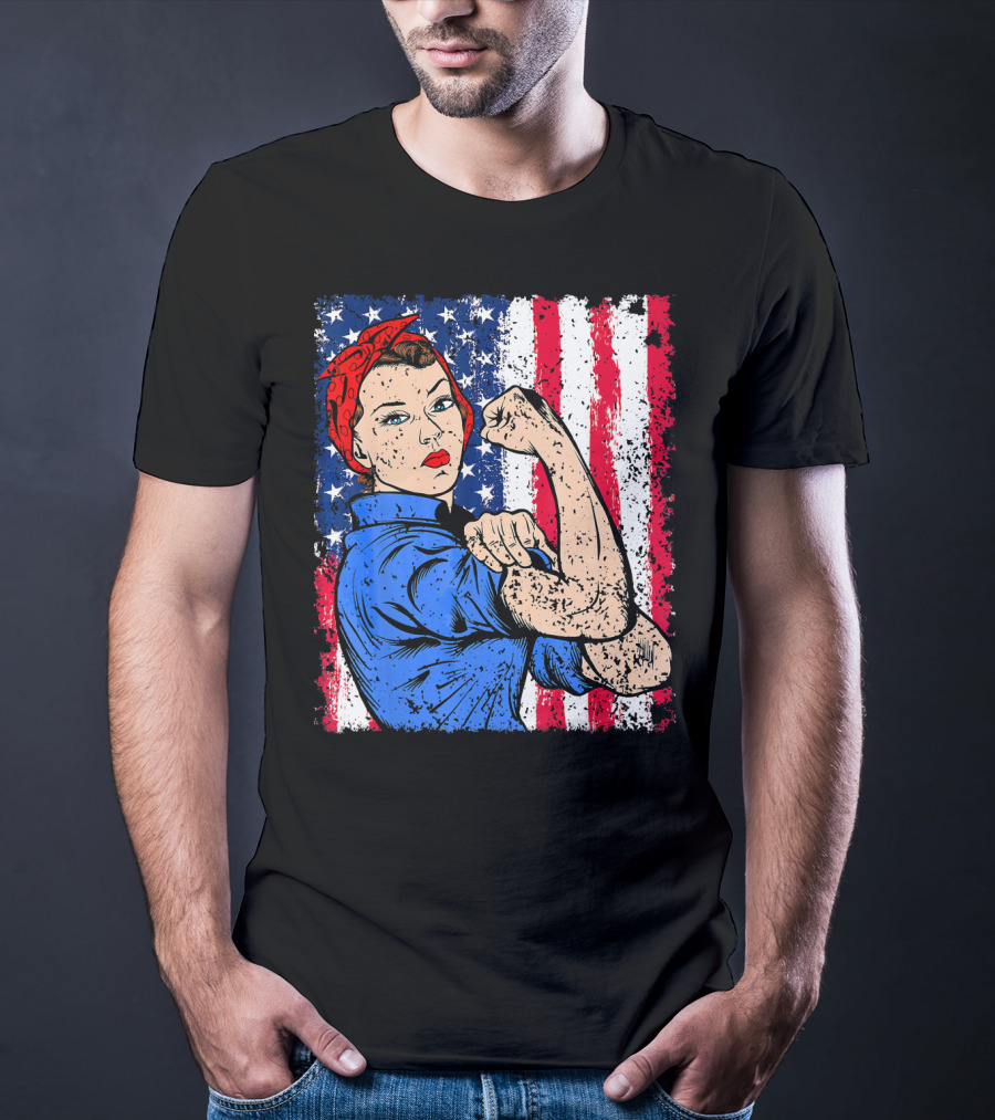 Rosie The Riveter Feminist Patriotic USA American Flag Iconic Empowerment T-Shirt