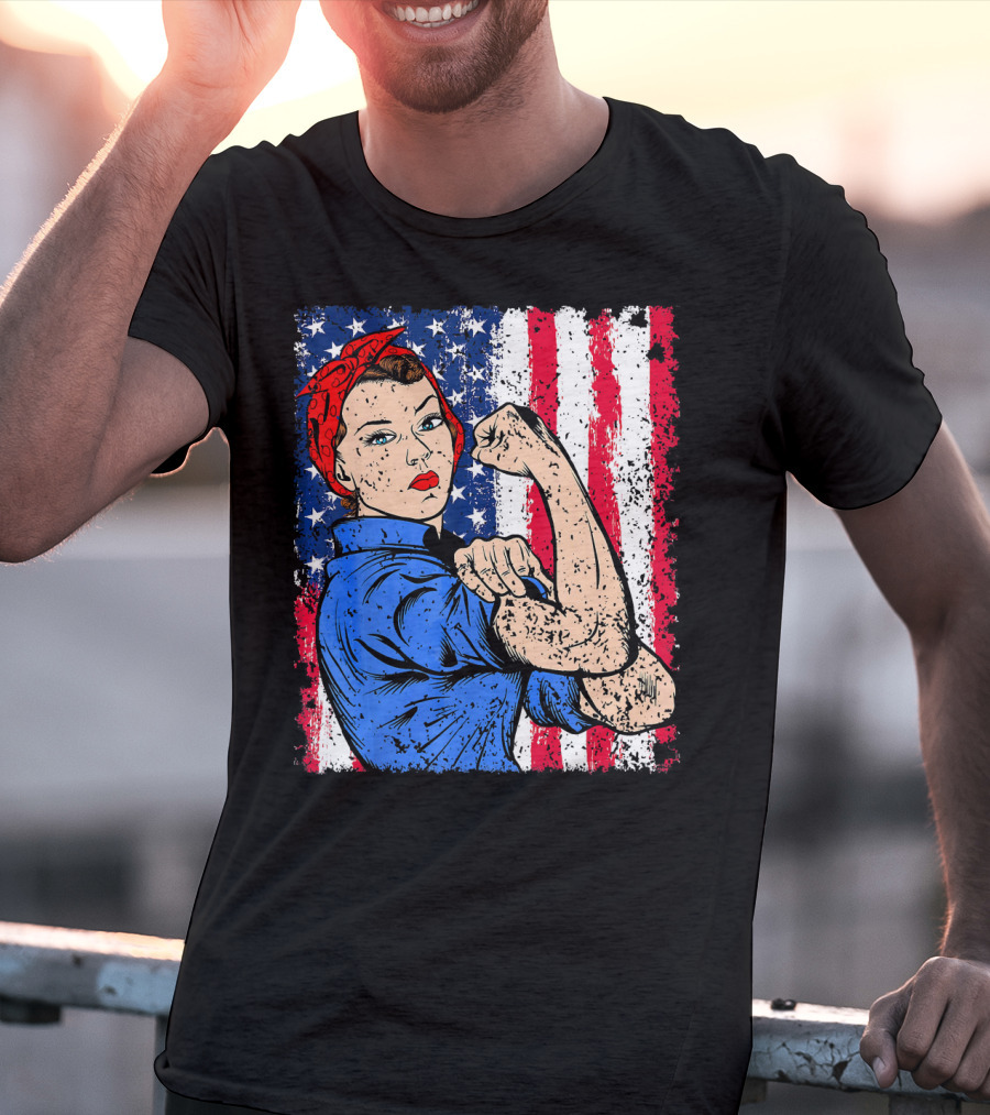 Rosie The Riveter Feminist Patriotic USA American Flag Iconic Empowerment T-Shirt