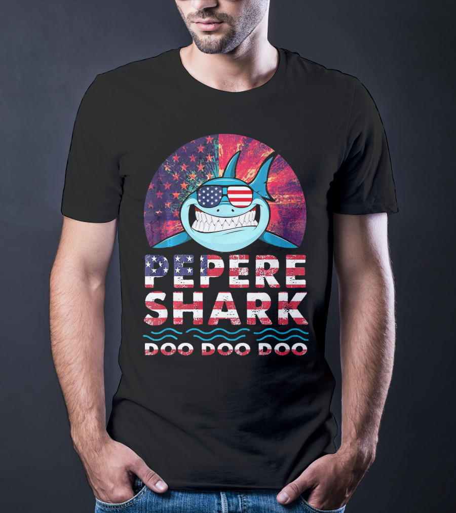 Pepere Shark Doo Doo Doo American Flag Sunglasses T-Shirt