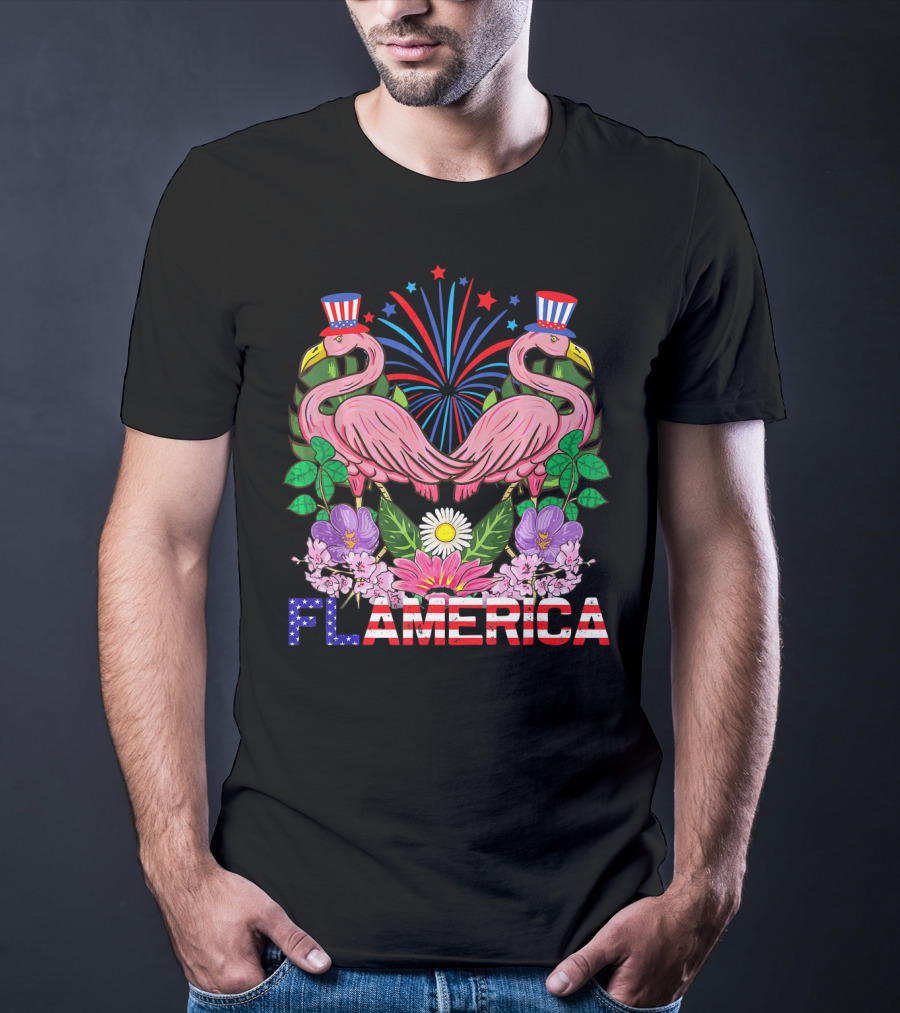 Flamerica Flamingo Fireworks Uncle Sam Hat Botanical T-Shirt