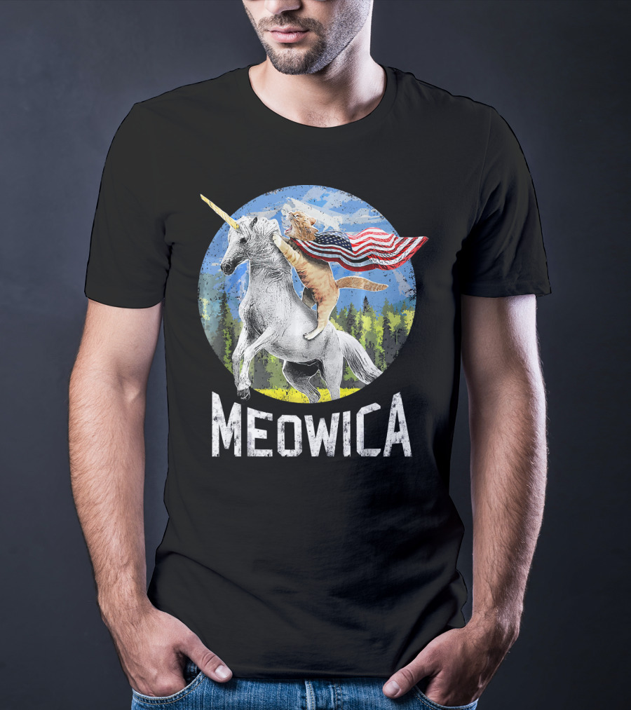 Meowica Cat Riding Unicorn With American Flag T-Shirt