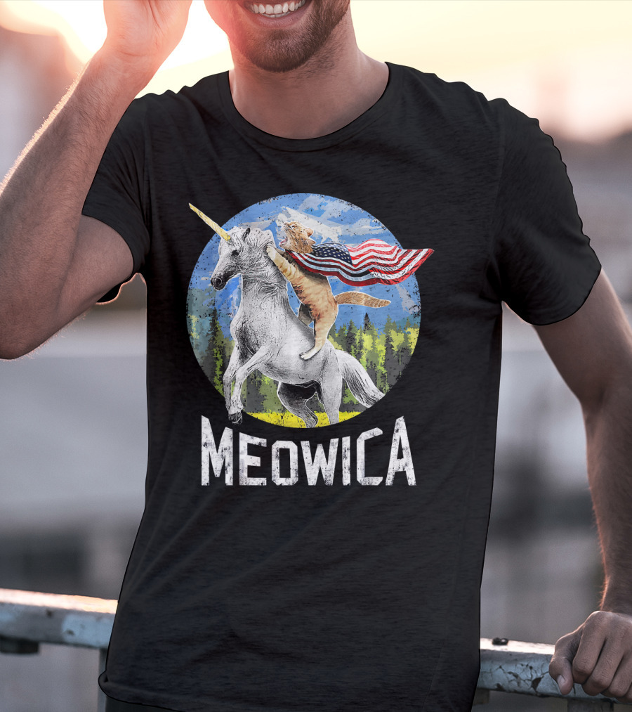 Meowica Cat Riding Unicorn With American Flag T-Shirt