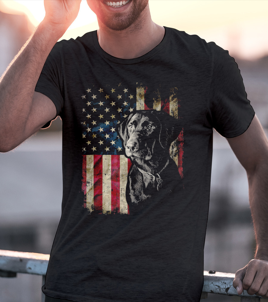Patriotic Labrador Retriever With American Flag Background T-Shirt