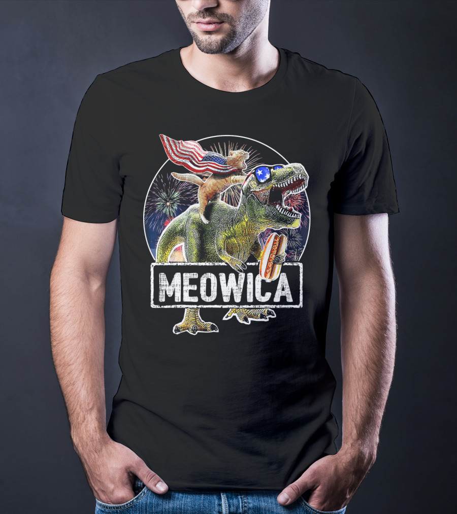 Meowica Cat With American Flag Riding T-Rex Holding Hot Dog T-Shirt