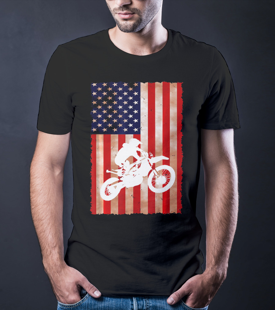 Dirt Bike Motocross American Flag Patriotic Ride USA T-Shirt