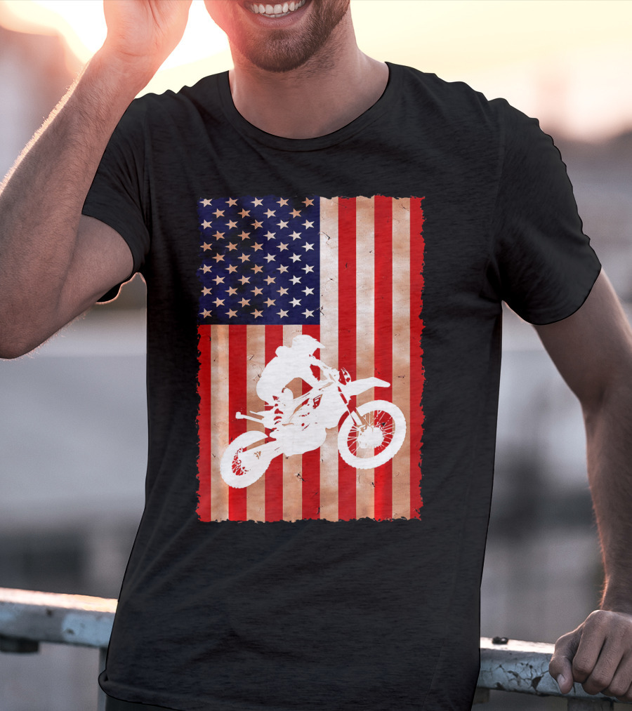 Dirt Bike Motocross American Flag Patriotic Ride USA T-Shirt