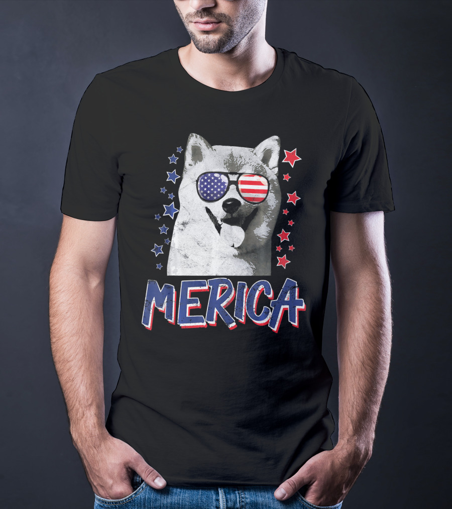 Merica Shiba Inu Dog Patriotic USA Stars And Stripes Sunglasses T-Shirt