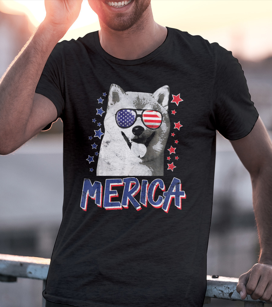 Merica Shiba Inu Dog Patriotic USA Stars And Stripes Sunglasses T-Shirt