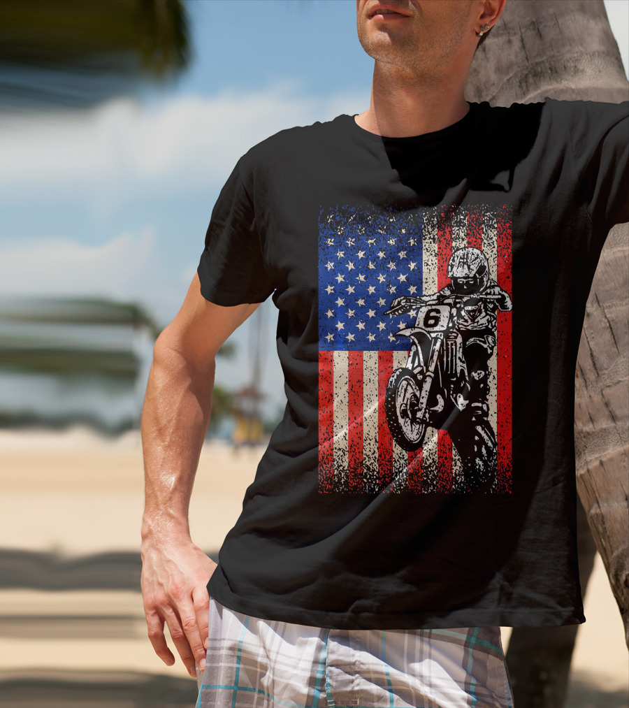 Dirt Bike American Flag Motocross Biker Number 6 T-Shirt
