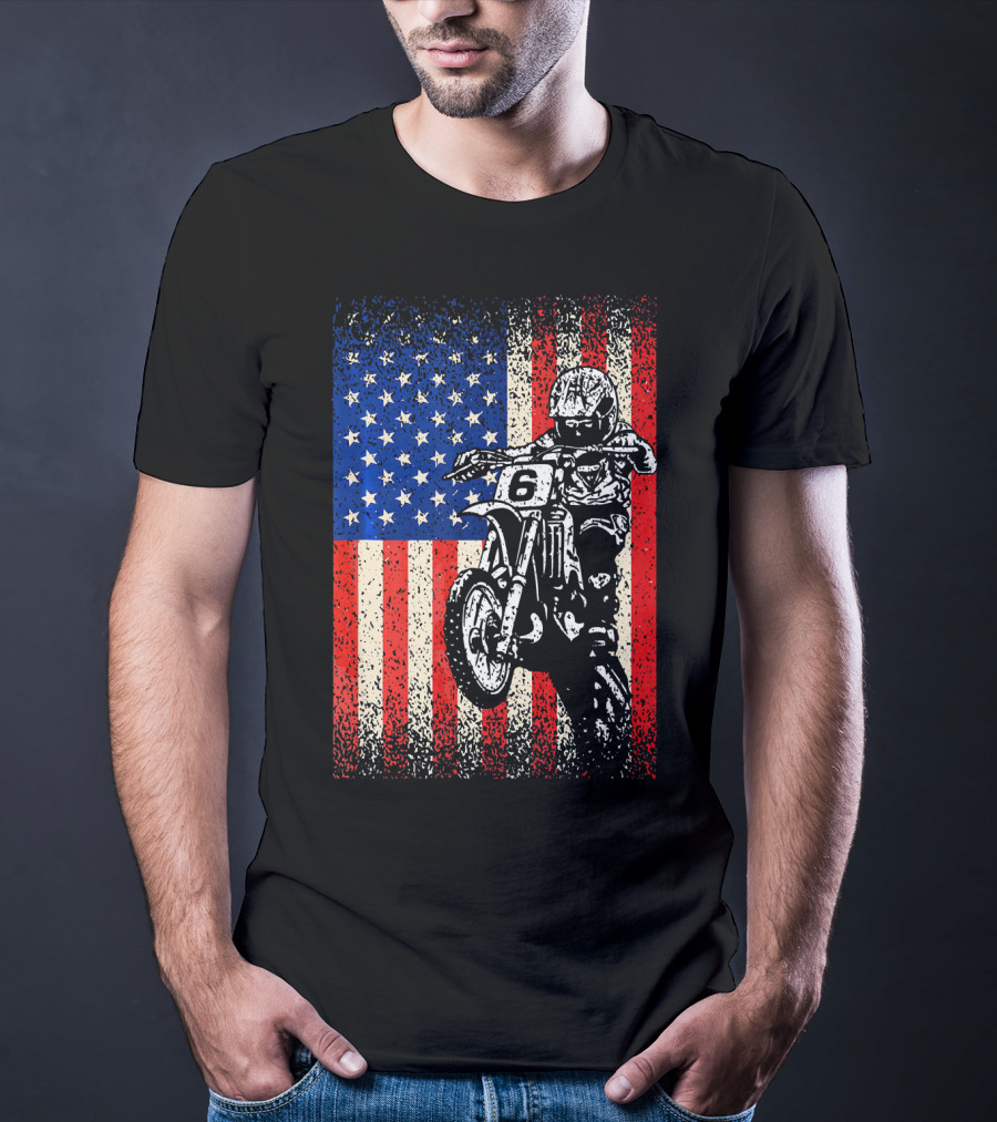Dirt Bike American Flag Motocross Biker Number 6 T-Shirt